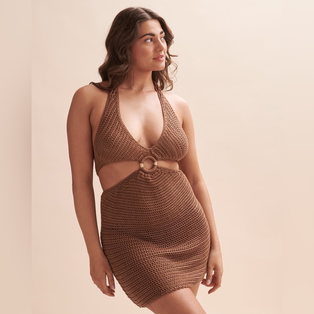 Elan Brown Crochet Cut Out Mini Halter Tie Back Dress Medium